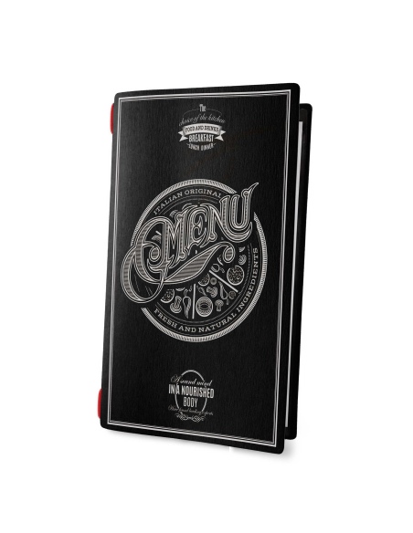 Porta Menu CUSTOM A4 SLIM (17,4x31,8 cm) "TATTOO BLACK menu" solo elastico rosso ECO NERO sp. 0.6