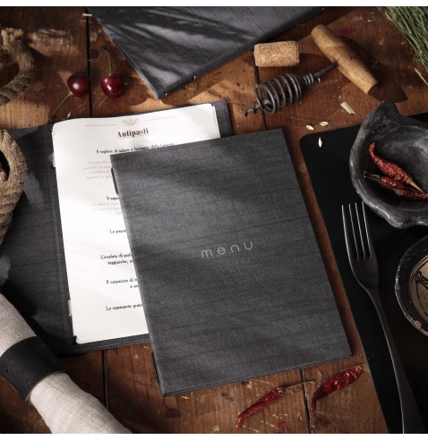 Porta Menu ITALY A5 (16,5x23,4 cm) - cornicetta (4 facciate) - scritta menu - colore GRIGIO