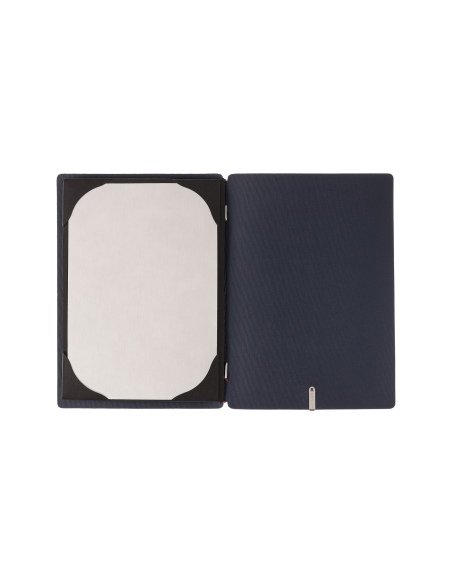 Porta Menu A5 (16,5x23,1 cm) stampa bassorilievo cornicetta (4 facciate) elastico rosso JUTA BLU