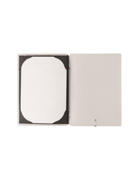 Porta Menu A5 (16,5x23,1 cm) stampa bassorilievo cornicetta (4 facciate) elastico rosso JUTA AVORIO