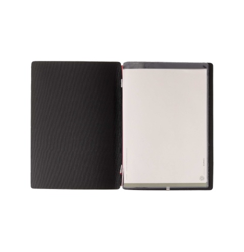 Porta Menu A5 (16,5x23,1 cm) stampa bassorilievo cornicetta (4 facciate) elastico rosso JUTA NERO