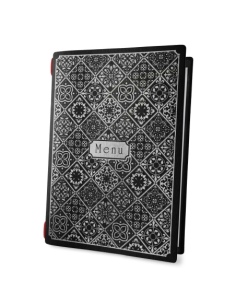 Porta Menu CUSTOM A4 (23,2x31,8 cm) "MAIOLICA BLACK menu" solo elastico rosso ECO NERO sp. 0.6