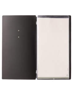 Porta Menu A4 SLIM (17,4x31,8 cm) etichetta METAL "personalizzata" (minimo 18 pezzi) 2 buste (4 facciate) elastico nero CHEF NER 2