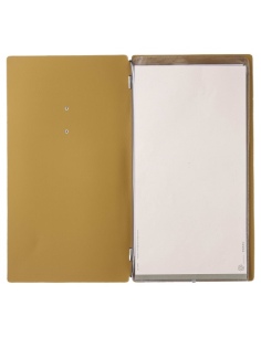 Porta Menu A4 SLIM (17,4x31,8 cm) etichetta METAL "personalizzata" (minimo 18 pezzi) 2 buste (4 facciate) elastico nero CHEF OCR 2