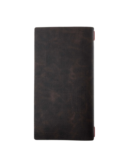 Porta Menu A4 SLIM (17,4x31,8 cm) etichetta PATCH "menu" cornicetta (4 facciate) elastico rosso JUTA MARRONE