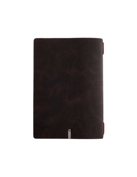 Porta Menu A5 (16,5x23,1 cm) etichetta METAL "personalizzata" (minimo 18 pezzi) cornicetta (4 facciate) elastico rosso JUTA MARR