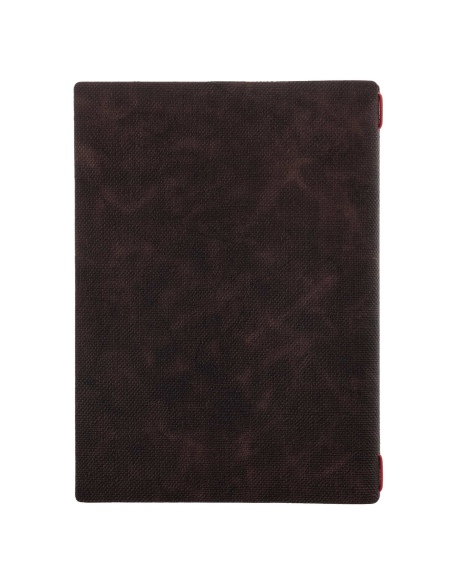 Porta Menu A4 (23,2x31,8 cm) etichetta PATCH "menu" cornicetta (4 facciate) elastico rosso JUTA MARRONE