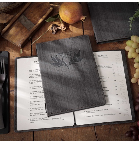 Porta Menu WOOD A5 (16,5x23,4 cm) | 2 buste (4 facciate) elastico nero