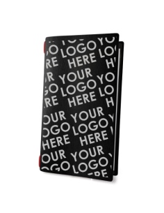 Porta Menu CUSTOM A4 SLIM (17,4x31,8 cm) personalizzato stampa 2 facciate - solo elastico rosso - ECO NERO sp. 0.6