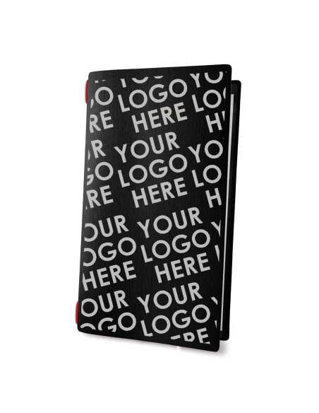 Porta Menu CUSTOM A4 SLIM (17,4x31,8 cm) personalizzato stampa 2 facciate - solo elastico rosso - ECO NERO sp. 0.6