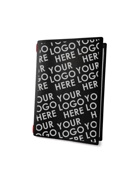 Porta Menu CUSTOM A5 (16,5x23,1 cm) personalizzato stampa 2 facciate - solo elastico rosso - ECO NERO sp. 0.6