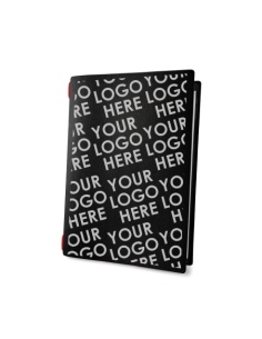 Porta Menu CUSTOM A5 (16,5x23,1 cm) personalizzato stampa 2 facciate - cornicetta (4 facciate) elastico rosso - ECO NERO sp. 0.6