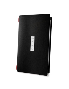 Porta Menu CUSTOM A4 SLIM (17,4x31,8 cm) "ZEN BLACK menu" cornicetta (4 facciate) elastico rosso ECO NERO sp. 0.6