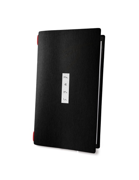 Porta Menu CUSTOM A4 SLIM (17,4x31,8 cm) "ZEN BLACK menu" cornicetta (4 facciate) elastico rosso ECO NERO sp. 0.6