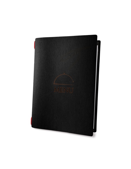 Porta Menu CUSTOM A5 (16,5x23,1 cm) "CLOCHE menu" elastico nero cornicetta (4 facciate) ECO NERO sp. 0.6