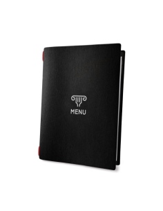 Porta Menu CUSTOM A5 (16,5x23,1 cm) "COMUS" cornicetta (4 facciate) elastico rosso ECO NERO sp. 0.6