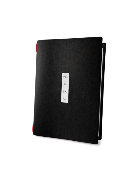 Porta Menu CUSTOM A5 (16,5x23,1 cm) "ZEN BLACK menu" solo elastico rosso ECO NERO sp. 0.6