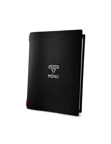 Porta Menu CUSTOM A5 (16,5x23,1 cm) "COMUS" 2 buste (4 facciate) elastico rosso ECO NERO sp. 0.6