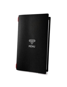 Porta Menu CUSTOM A4 SLIM (17,4x31,8 cm) "COMUS" 2 buste (4 facciate) elastico rosso ECO NERO sp. 0.6