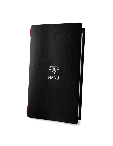 Porta Menu CUSTOM A4 SLIM (17,4x31,8 cm) "COMUS" 2 buste (4 facciate) elastico rosso ECO NERO sp. 0.6