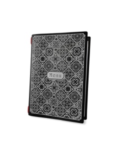 Porta Menu CUSTOM A5 (16,5x23,1 cm) "MAIOLICA BLACK menu" solo elastico rosso ECO NERO sp. 0.6