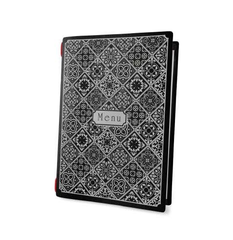 Porta Menu CUSTOM A5 (16,5x23,1 cm) "MAIOLICA BLACK menu" 2 buste (4 facciate) elastico rosso ECO NERO sp. 0.6