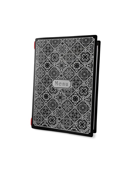 Porta Menu CUSTOM A5 (16,5x23,1 cm) "MAIOLICA BLACK menu" 2 buste (4 facciate) elastico rosso ECO NERO sp. 0.6
