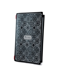 Porta Menu CUSTOM A4 SLIM (17,4x31,8 cm) "MAIOLICA BLACK menu" 2 buste (4 facciate) elastico rosso ECO NERO sp. 0.6