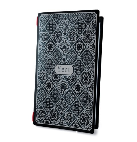 Porta Menu CUSTOM A4 SLIM (17,4x31,8 cm) "MAIOLICA BLACK menu" 2 buste (4 facciate) elastico rosso ECO NERO sp. 0.6
