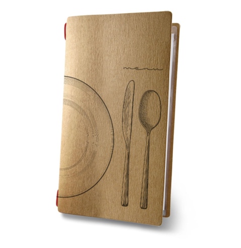 Porta Menu CUSTOM A4 SLIM (17,4x31,8 cm) "SET NATURAL menu" 2 buste (4 facciate) elastico rosso ECO NATURALE sp. 0.6