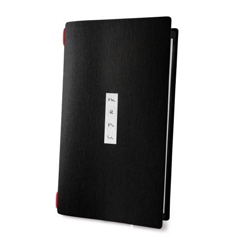 Porta Menu CUSTOM A4 SLIM (17,4x31,8 cm) "ZEN BLACK menu" 2 buste (4 facciate) elastico rosso ECO NERO sp. 0.6