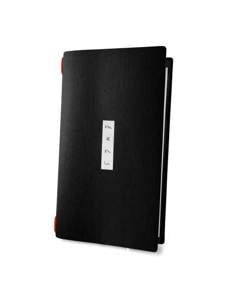 Porta Menu CUSTOM A4 SLIM (17,4x31,8 cm) "ZEN BLACK menu" 2 buste (4 facciate) elastico rosso ECO NERO sp. 0.6