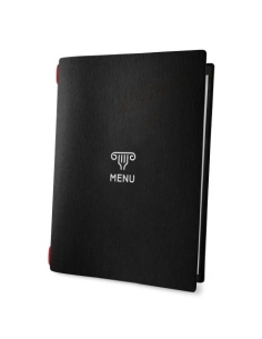 Porta Menu CUSTOM A4 (23,2x31,8 cm) "COMUS" 2 buste (4 facciate) elastico rosso ECO NERO sp. 0.6