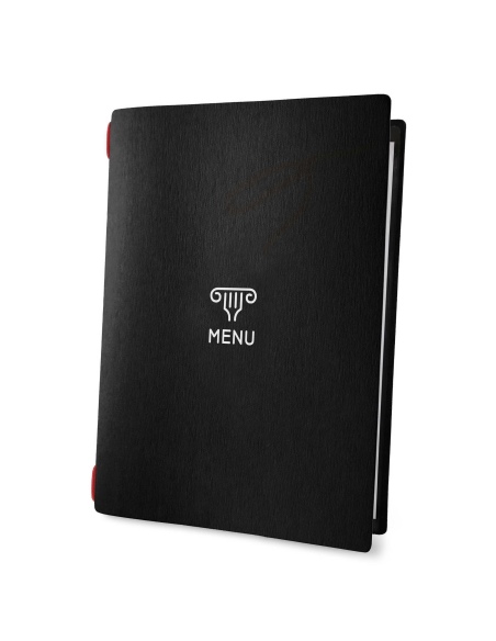Porta Menu CUSTOM A4 (23,2x31,8 cm) "COMUS" 2 buste (4 facciate) elastico rosso ECO NERO sp. 0.6