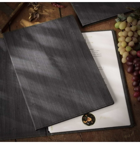 Porta Menu WOOD A4 (23,2x32 cm) | 2 buste (4 facciate) elastico nero | scritta menu | colore EBANO