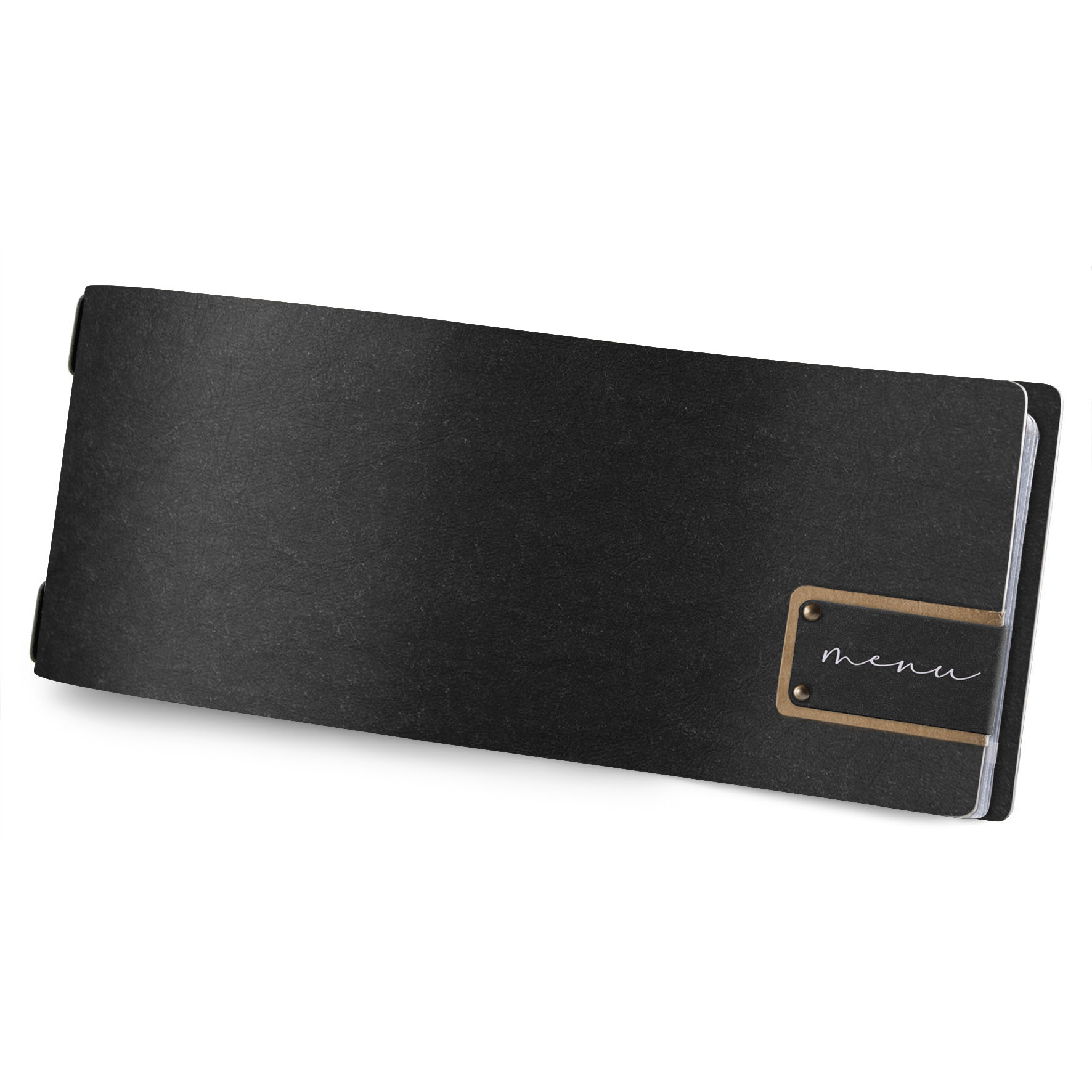 Porta Menu 23,2x31,8 cm (A4) etichetta PATCH nera menu 2 buste (4  facciate) elastico nero ECOMODA NATURALE sp. 0.6
